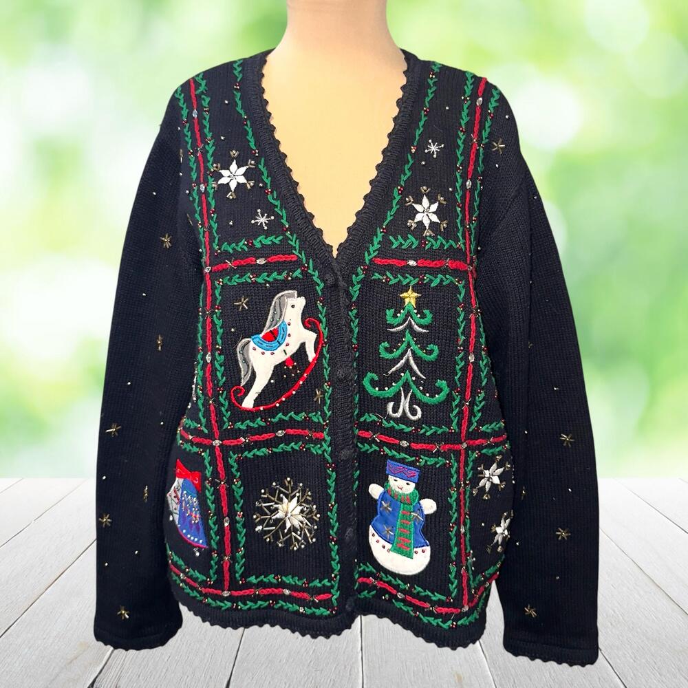 Vintage Embroidered Christmas Cardigan Sweater Rocking Horse Beaded Black Size L - Picture 10 of 10
